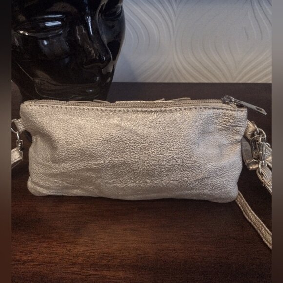 Gold Metallic Wristlet Purse With Ruffles  Studs - Picture 3 of 4